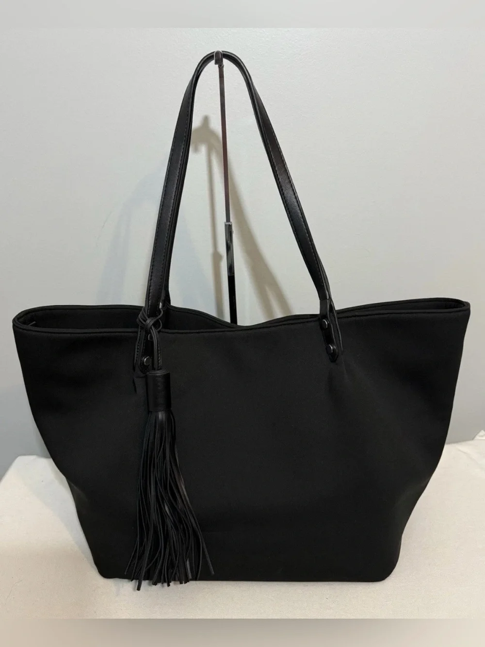 Marla Wynne Tote Bag Black Neoprene with Leather Trim Adjustable Sides & Tassel